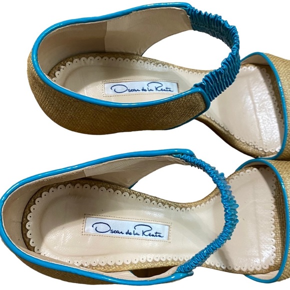 OSCAR DE LA RENTA - OPEN TOE BEIGE RAFFIA & TURQUOISE PATENT LEATHER - SZ 37 S8 - Picture 10 of 14